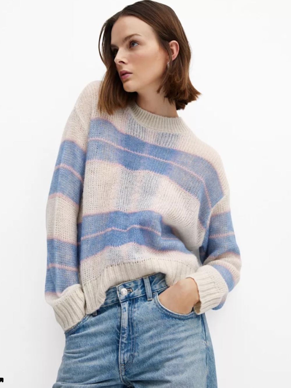 MANGO Women's Checks Knitted Sweater  blue and white size M gently used